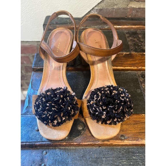 Zara Pom Pom Suede Block Heel  Sling Back Shoes 6 - Picture 5 of 9